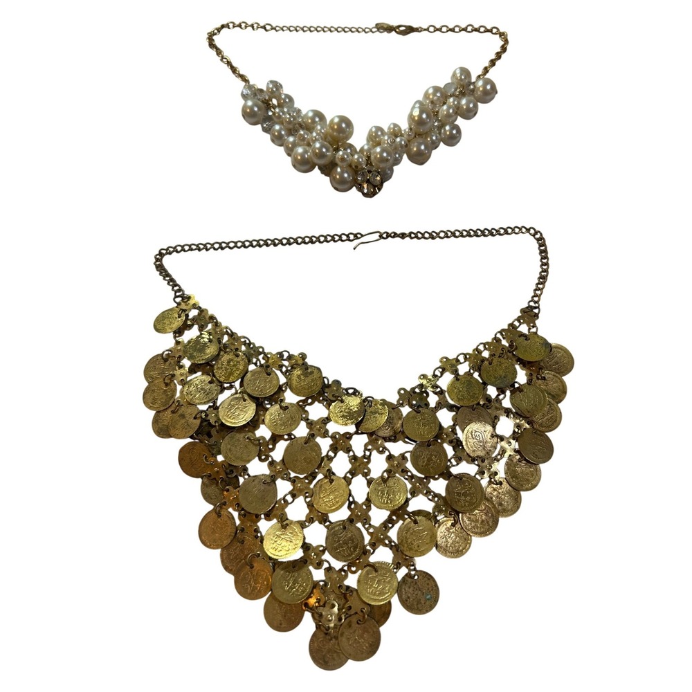 Vintage Gold Coin Bib Statement‎ Necklace & Faux Pearl Crystal Cluster Set
